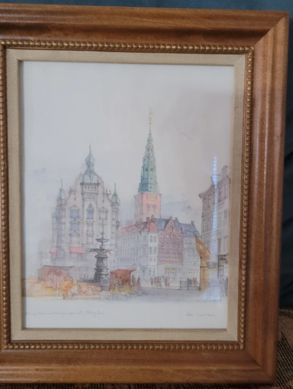 Mid-Century Danish Artist Mads Stage Copenhagen Cityscape Watercolor Print Frame